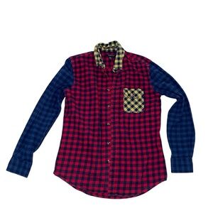 Forever 21 Red Plaid Button-Down Flannel with Blue Sleeves & Yellow Pocket
